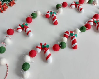 Christmas Garland for Mantel, Felt Candy Canes, Wool Balls, Xmas Home Decor, Christmas Pom Pom Garland