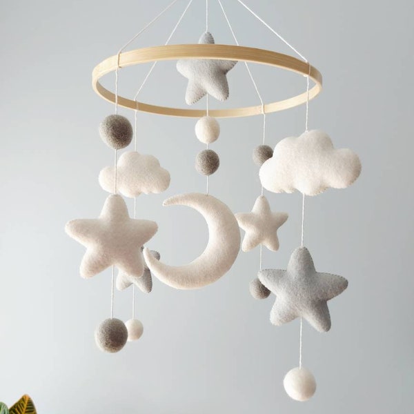 Mobile pour lit de bébé non sexiste, décoration à suspendre boules de laine pour chambre d'enfant, mobile lune et étoiles