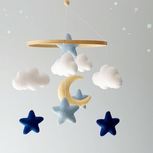 Baby Boy Mobile Blue Stars and Moon, Space Crib Mobile, Felt Nursery Decor