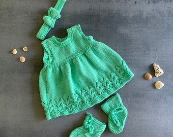 0-3 months Hand Knit Dress Outfit 100% Cotton baby girl Dress, booties and headband in 4 ply mint colour