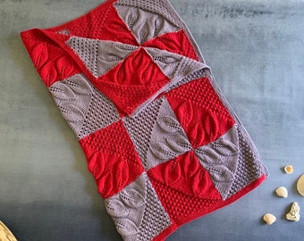 Baby Cot Blanket/Shawl, Grey Whisp & Pomegranate 'Leaf' 100% Cotton,