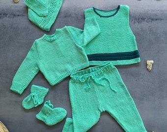 3-6 months old Hand knitted Cotton 5 Piece Mint Set