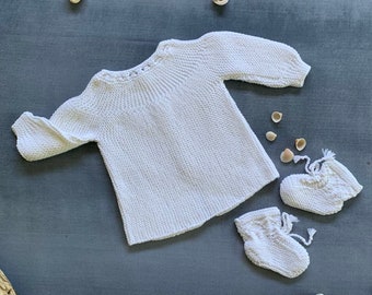 0-4 months old Hand Knitted Cotton Baby, Snow White, Jacket & Booties, 4 ply 100% cotton