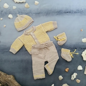 0-3 month old Hand knitted cotton baby Brown & Yellow Outfit