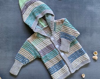 0-4 months old Hand Knitted Cotton Baby, Multi coloured hooded Jacket, 4 ply 100% cotton