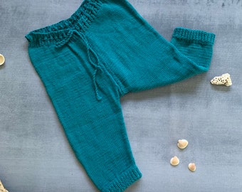 6-12 months old Hand knitted Cotton Baby, Peacock Long Pants 4 ply 100% cotton