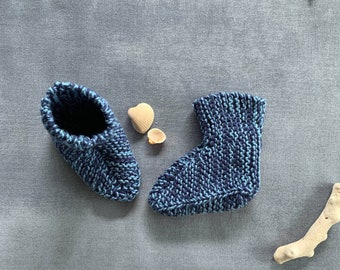 6-9 months old Hand Knitted Cotton Baby Denim and Navy Booties