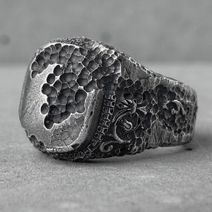 Gorgeous ring- brutal silver ring with a destroyed oriental pattern.Men's ring with an unusual texture.Men's ruinistic ring