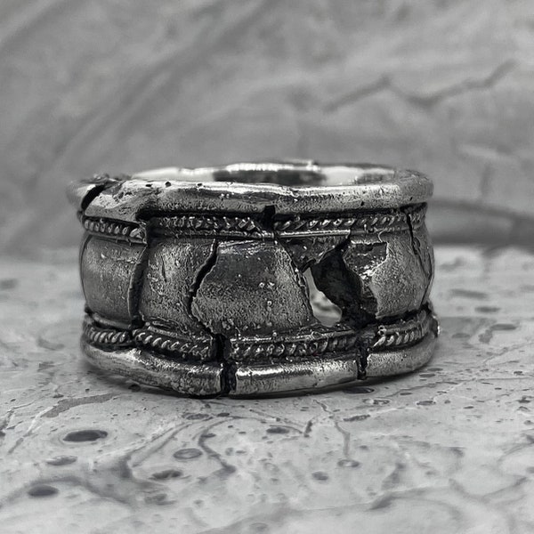 COLUMN ring-Wide men's ring The surface is riddled with various cracks and defects. Ring with personalisation, silver mens band, extra wide