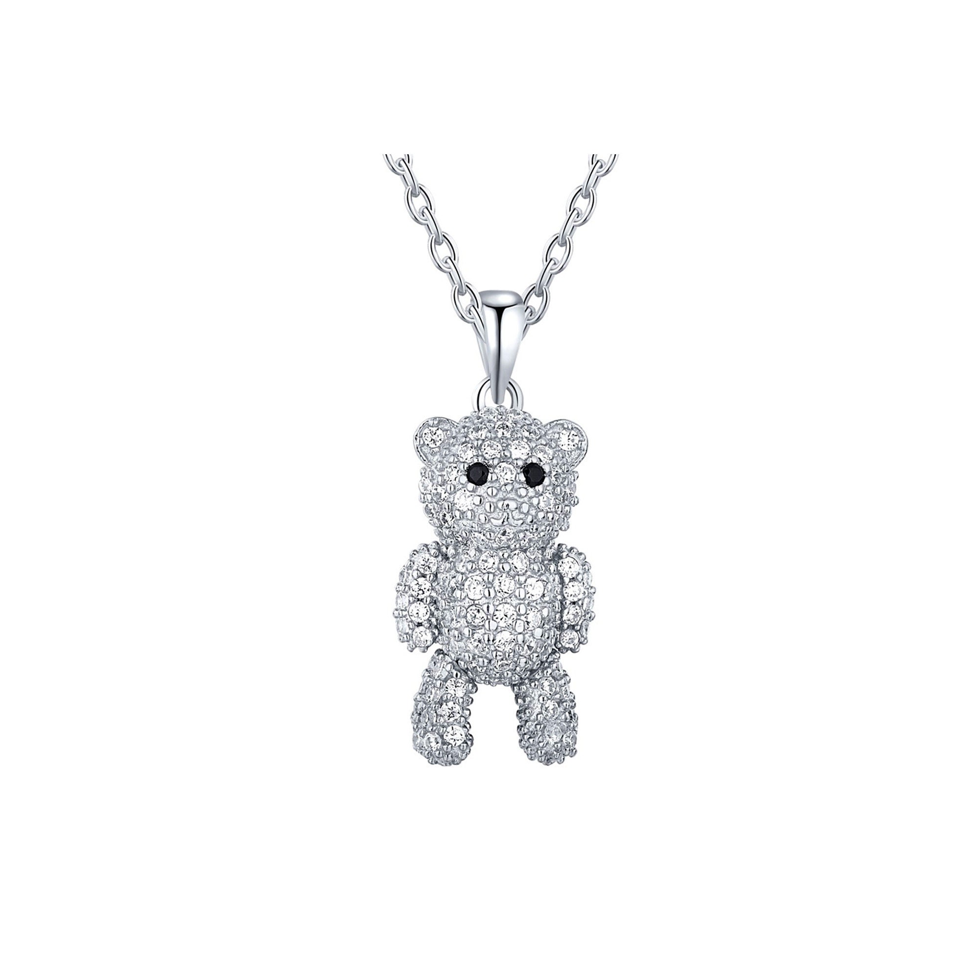 Teddy Bear Necklace Sterling Silver, Bear Pendant Gift for Her. Iced