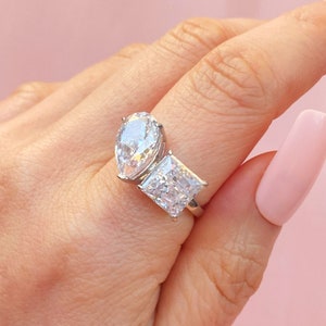 2.5ct Toi Et Moi ring, Gift for Her. Double Stone Engagement Ring, Crushed Ice Two Stone Ring, Pear Cut CZ Engagement Ring Sterling Silver