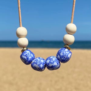 Recycled Sea Glass Necklace: Boho White Wood Bead Leather Cord