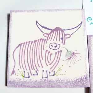 Highland cow Coasters,  set of 2 or 4. MacThistle, ceramic tile with clear rubber feet. 4 inches square.