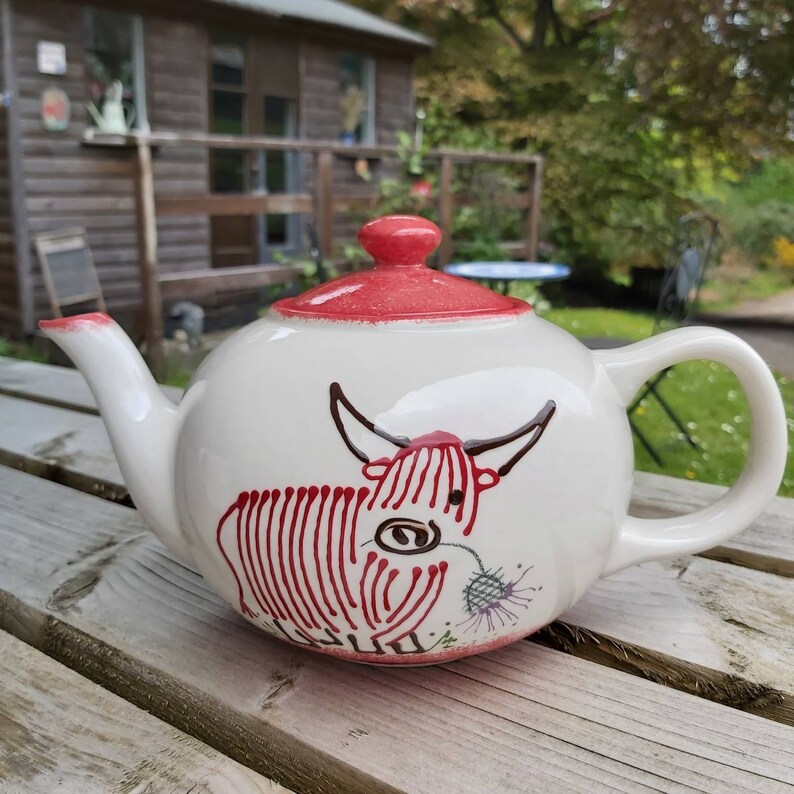 Highland cow teapot large 4 cup teapot, hand painted farmhouse design, gift, wife, girlfriend mother's day birthday wedding Christmas MacCoo red