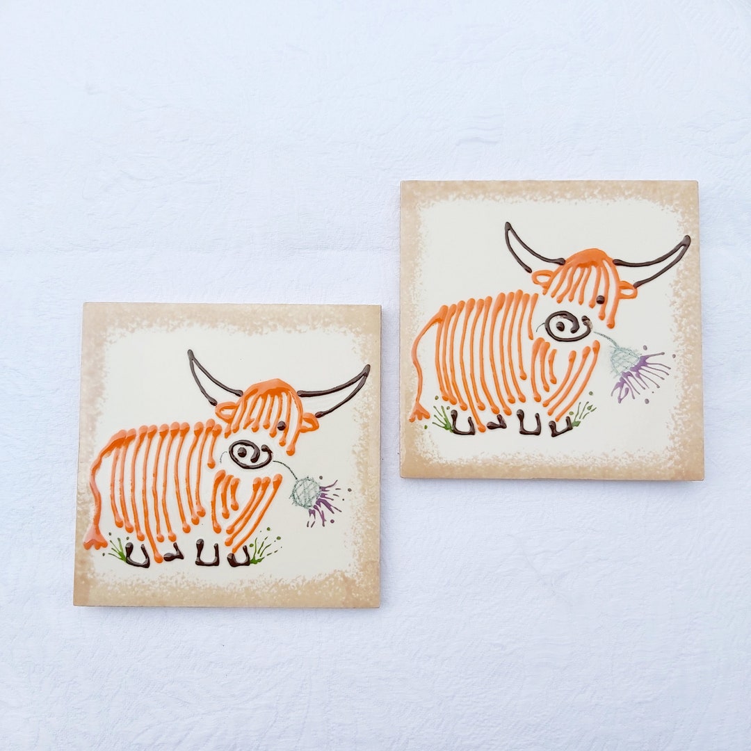 Highland Cow Coasters, Set of 2 or 4. Maccoo, Ceramic Tile With Clear Rubber Feet. Etsy UK