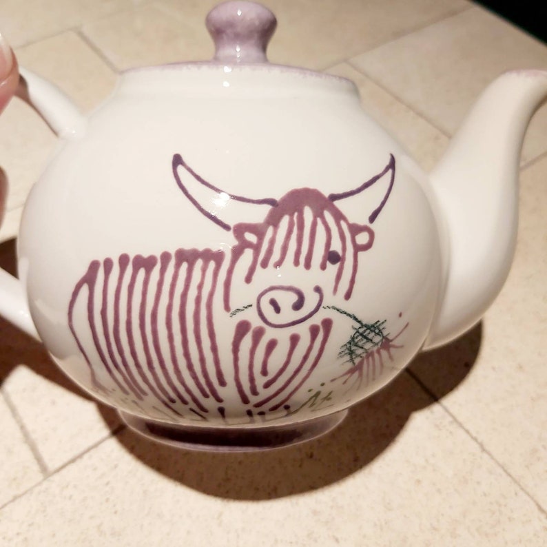 Highland cow teapot large 4 cup teapot, hand painted farmhouse design, gift, wife, girlfriend mother's day birthday wedding Christmas MacThistle purple