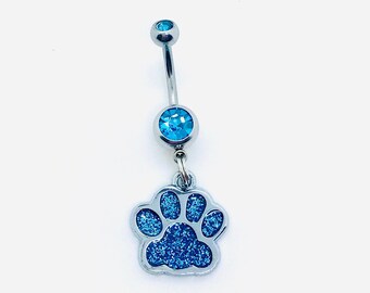 Blue Glitter Paw Print Belly Bar Navel Piercing Jewellery