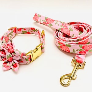 Floral Rose Pink Dog Collar and Leash/Lead Set with matching Flower Bow, Ideal Birthday Gift or Present.