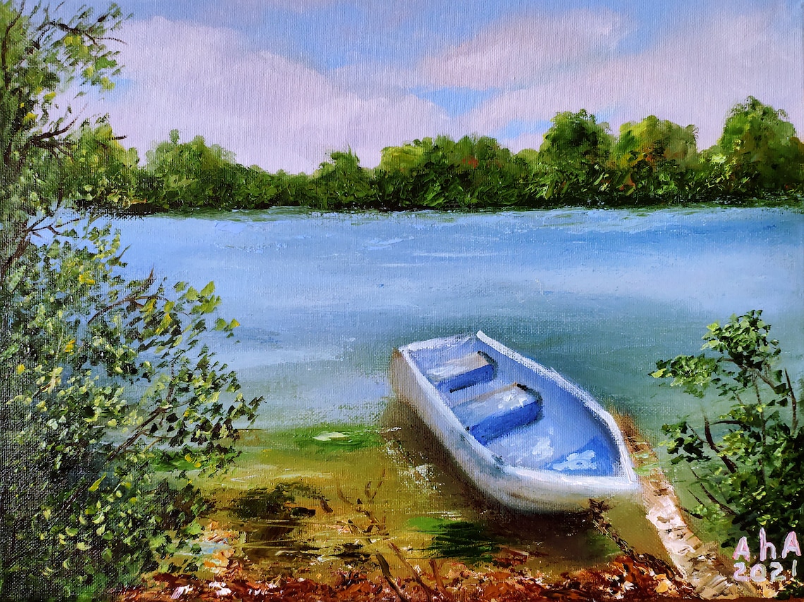 Boat lake painting Original oil Impasto style Art water Etsy