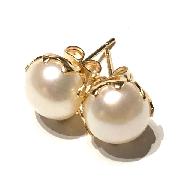 Gold Plated Freshwater White Coin Pearl Bezel Set Stud Earrings - Yellow Gold Tone