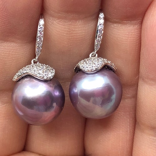 Luxurious Sterling 14mm Edison Pearl Earring • Full Pave Cubic best Zirconia Pearl Earrings• Pearl Drop Earrings • Purple Pearl Earrings •