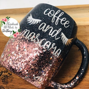 Coffee and Mascara, Coffee First, Makeup, Eyelashes, Coffee Mug, Metal Travel Mug - Custom Epoxy Glitter Tumbler