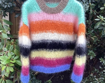 Hand knitted chunky, luxury mohair jumper. Coloured stripes. 8-12.