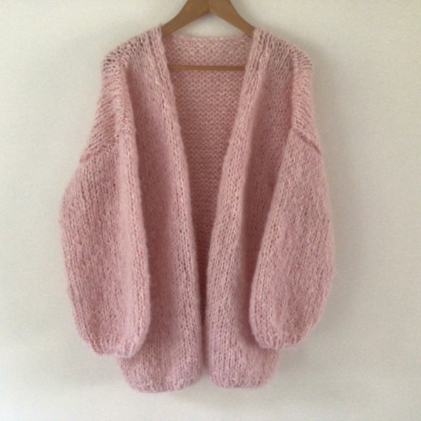 Ladies hand knitted chunky mohair cardigan. Pink. Made to order.