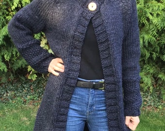 Ladies chunky hand knitted long cardigan in charcoal. Oversized 10/12.