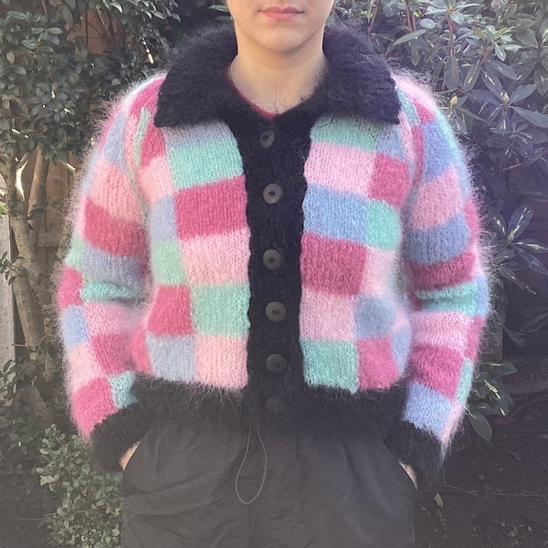 Hand knitted chunky mohair cardigan. Size10. Chequered pattern. Multi colour .