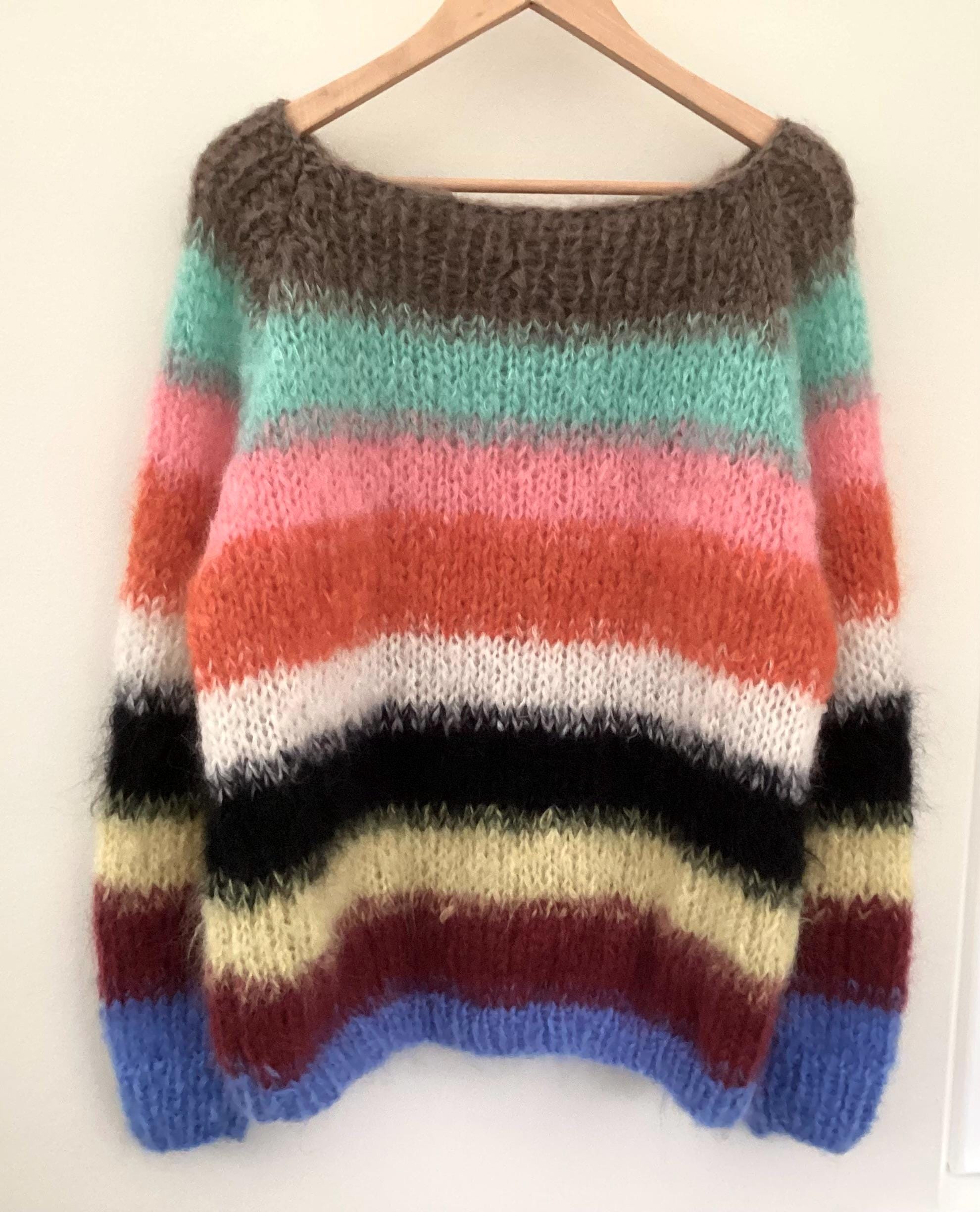 Hand knitted chunky jumper in luxury mohair. Multicolour stripes. 10/12.
