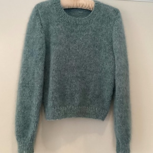 Unique hand knitted jumper in mohair, kid mohair and silk. Pale jade. Size 8/10