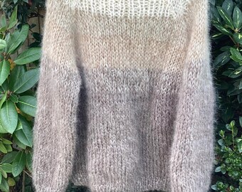 Unique hand knitted jumper in super chunky luxury mohair. Coffee and cream shades. Size 12.