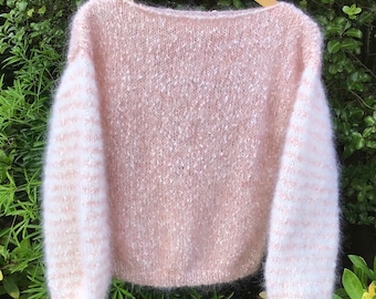 Unique ladies handmade mohair jumper. Pale pink. 10-12