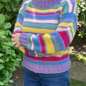 Unique Hand knitted pure wool jumper. Coloured stripes. 10/12.