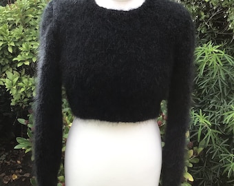 Hand knitted black luxury mohair cropped jumper. Made to order.