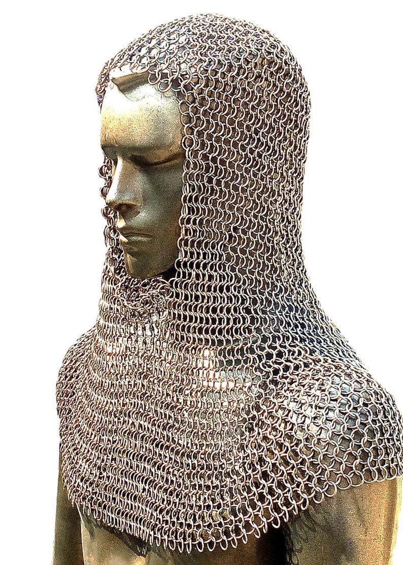 Zink Finish 8 MM Mild Steel Butted Chainmail Coif Round Neck Medieval Mail Armor Head Hood