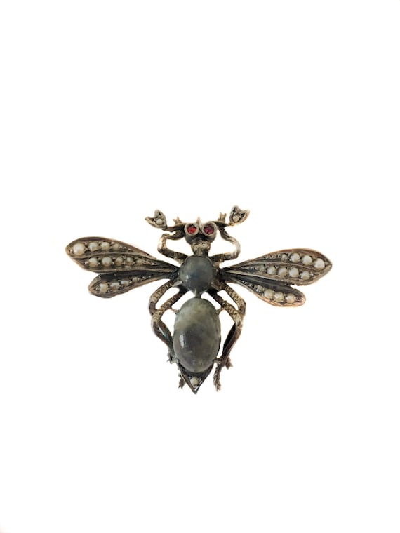Victorian Pearl and Ruby Insect Brooch