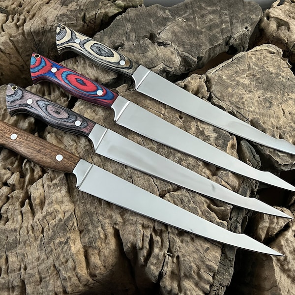 Handmade Flexible Fillet Knife: 12c27 Stainless Steel, Wood Handle, Leather Sheath