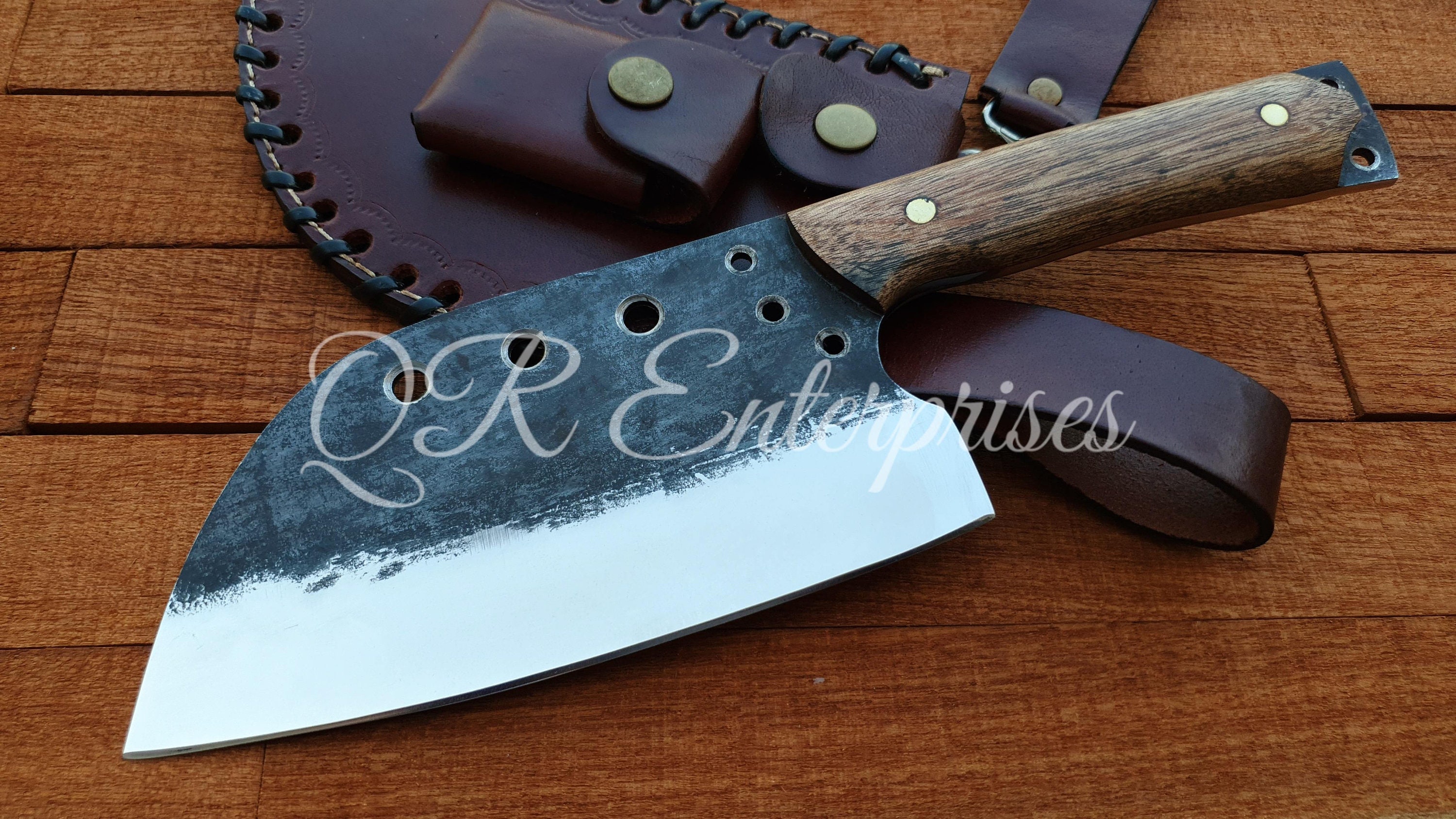 13.0  inches Handmade D2 steel hammer forged Serbian Chef Knife heavy  cleaver with leather sheath