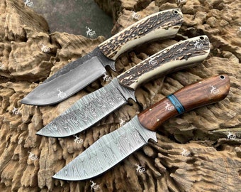 Damascus Steel Hunting Knife: Handmade Stag Antler Handle, Leather Sheath
