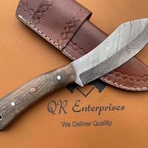Damascus Steel Nessmuk Knife: Handmade Full Tang Walnut Handle, Leather Sheath