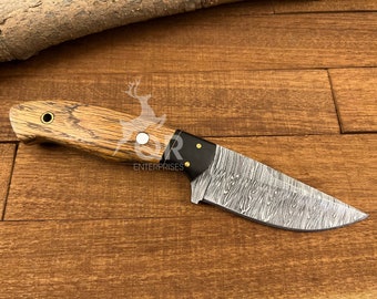 Handmade Damascus Hunting Knife, Bushcraft Camping Skinner Knife, Oak Wood Handle With Sheath