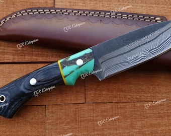 Handmade Damascus Bushcraft Knife, Hunting Camping Skinner Knife With Sheath