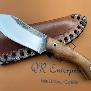 Handmade Bushcraft Knife: 1095 High Carbon Steel, Rose Wood Handle, Leather Sheath