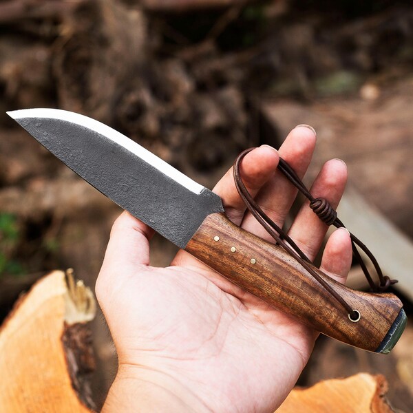 Handmade Bushcraft Knife, Scandi Grind Fixed Blade Hunting Knives, Rose Wood Handle With Sheath