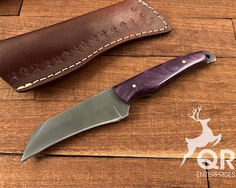 Handmade D2 Steel Skinner Knife, Pocket Camping Knife, Resin Handle, Leather Sheath