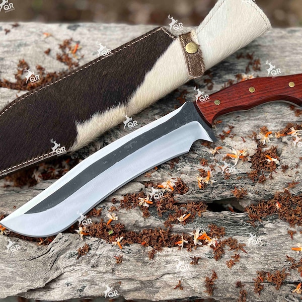 Couteau Bowie forgé à la main personnalisé, couteau à machette, survie, chasse, extérieur, couteau à lame fixe en acier D2 avec gaine en cuir.