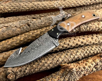 Handmade Damascus Gut Hook Knife,  Micarta Handle, Bushcraft Skinner Camping Knife