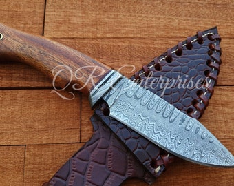 9.2'' Handmade Damascus hunting knife | Hand forged Damascus steel knife | Camping knife | Non slip Mahogany wood handle leather sheath QR24